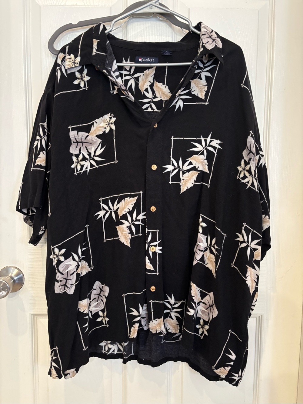 Puritan Black Short-Sleeve Button-Down Shirt with Beige and White Leaf Print
